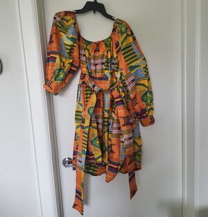 Colorful Orange Multi-Print Puff-Sleeve Long-Sleeve Dress with Tie Waist